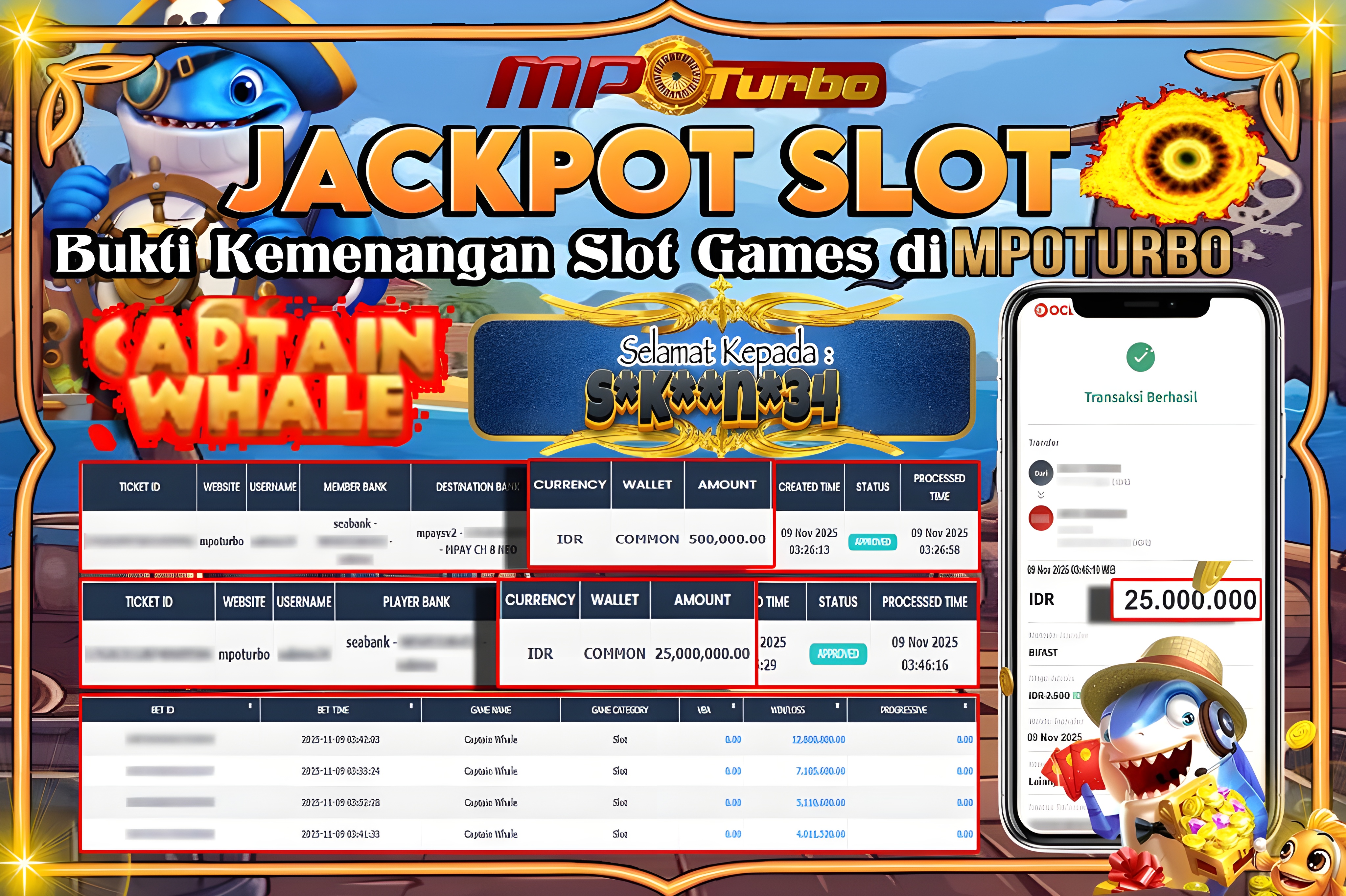 MPOTURBO JACKPOT CAPTAIN WHALE - YGR Rp 25,000,000.00,- LUNAS